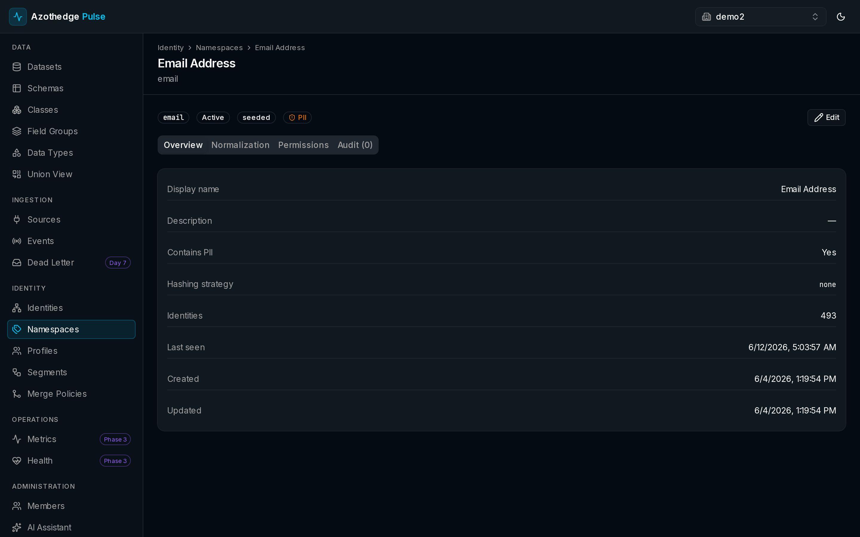 A namespace detail view showing normalization previews in Pulse