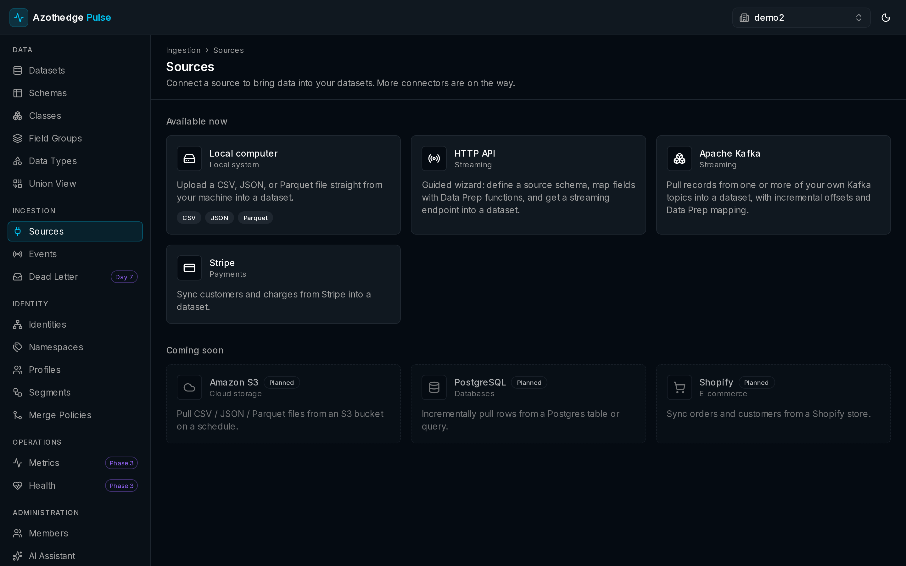 The Sources catalog in Pulse showing available connectors