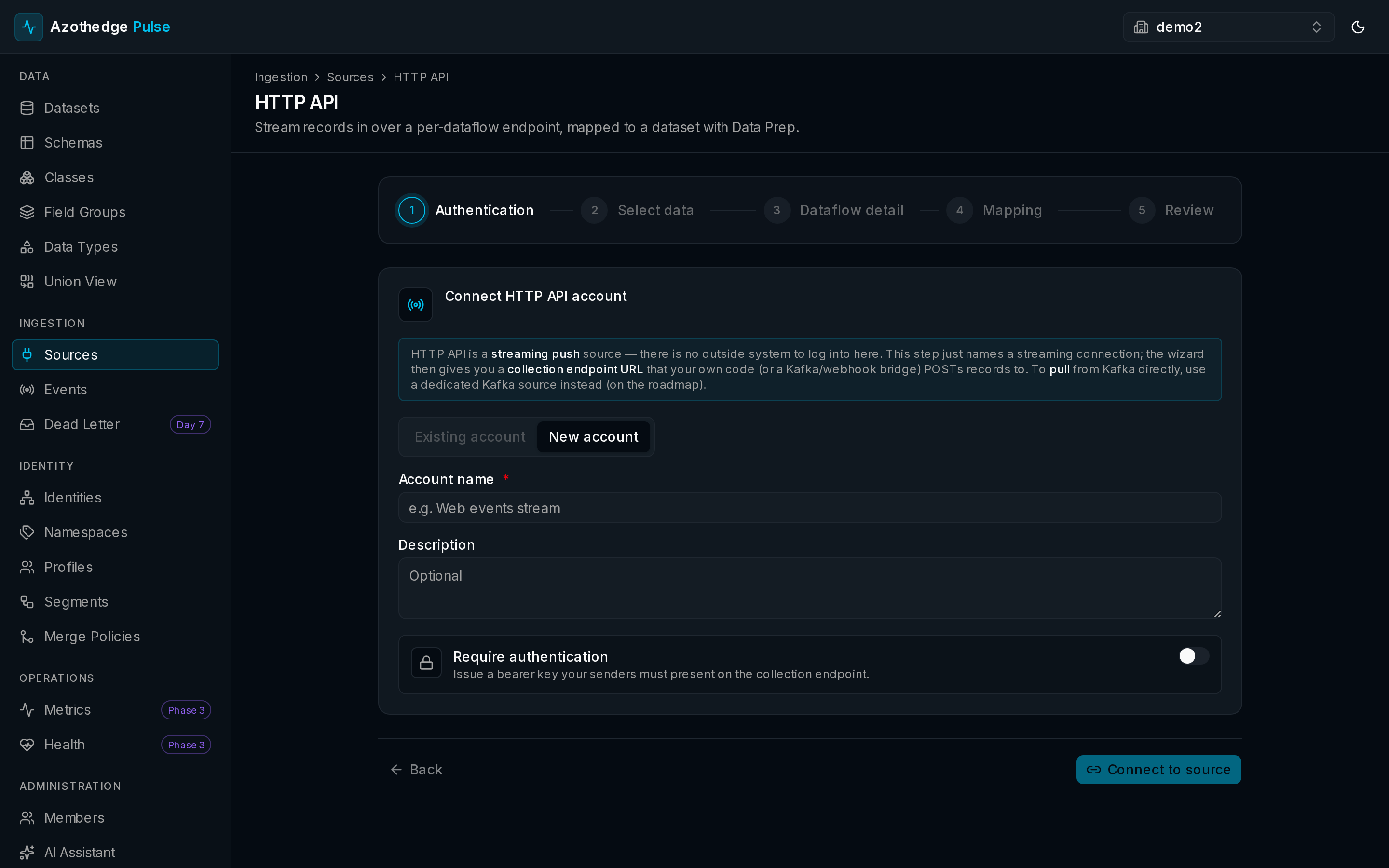 Setting up an HTTP API source connection in Pulse